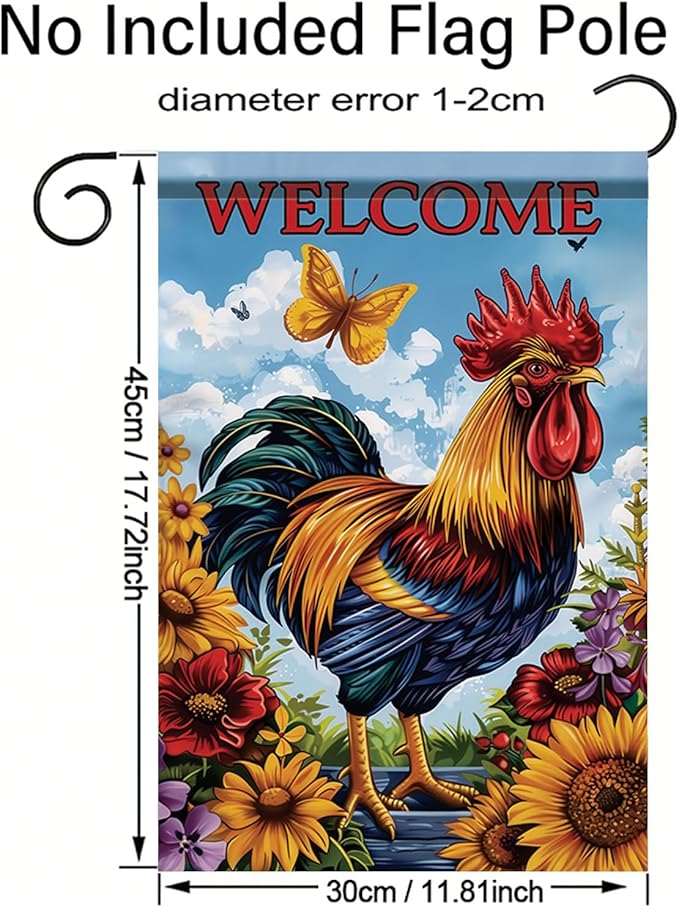 Spring Summer Garden Flag 12x18 Inch Colorful Rooster Welcome Floral Farm Animal Design Outdoor Yard Porch Lawn Garden for Seasonal Farmhouse Country Home Decor