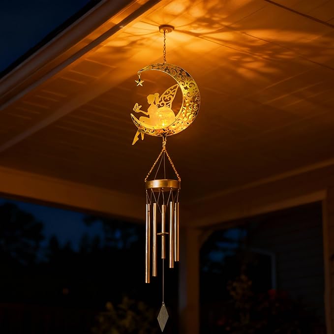 YAKii Fairy Moon Solar Wind Chimes for Outside Lights Gifts for Mom Wife Unique Crackle Glass LED Warm Light Outdoor Hanging Decor Windchimes for Garden Yard Patio Christmas Birthday Mothers Day