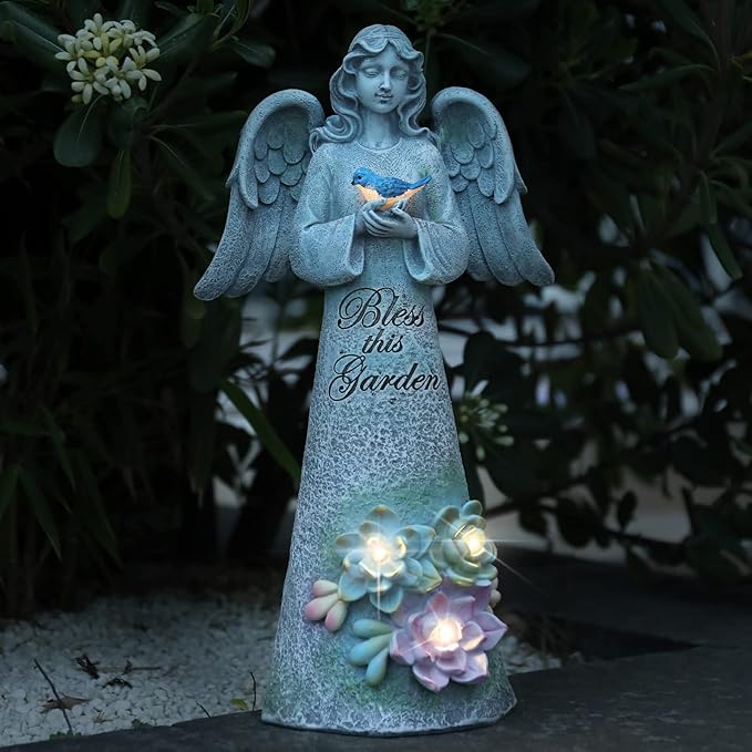 Angel Garden Statue Outdoor Decor, Angel Garden Holding Bird with Solar Lights, Gardening Gifts for Mom Grandma, Art Decoration Lawn Ornament Sculpture for Outside