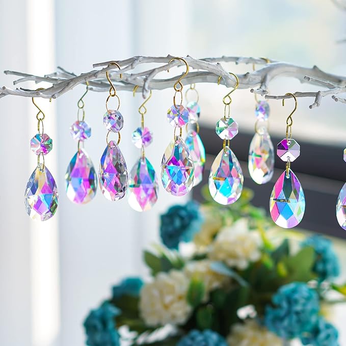 25pcs 38mm Crystal Teardrop Chandelier Parts,Suncatcher Crystal Prisms Hanging for Windows/Wedding Christmas Tree Decor(Glod Hook+Ring)