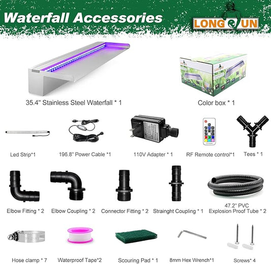 LONGRUN Pool Fountain Stainless Steel Outdoor Pond Spillway Waterfall with Wider Water Flow Platform Multi-Color LED Light Spray Indoor Waterfall Fountains for Garden-35.4" x 8" x 3.94"(W x D x H)