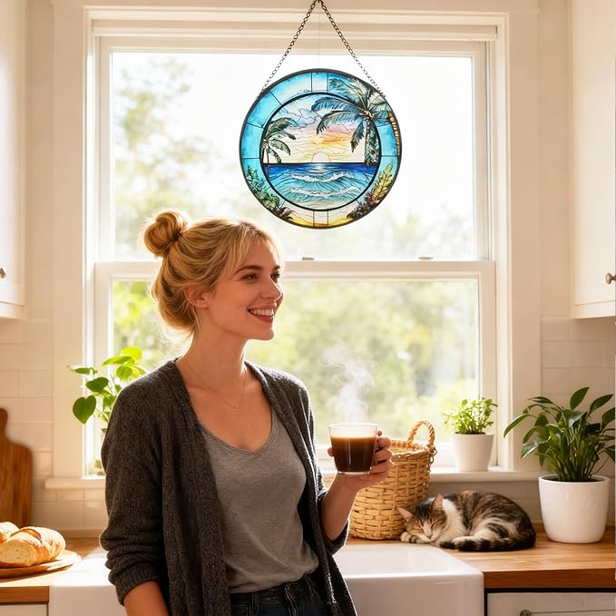 Stained Glass Window Hanging, Summer Beach Window Hanging Light Catcher, Outdoor Light Catcher Garden Decor, Tropical Kitchen Wall Decor Decorative Patios (Beach)
