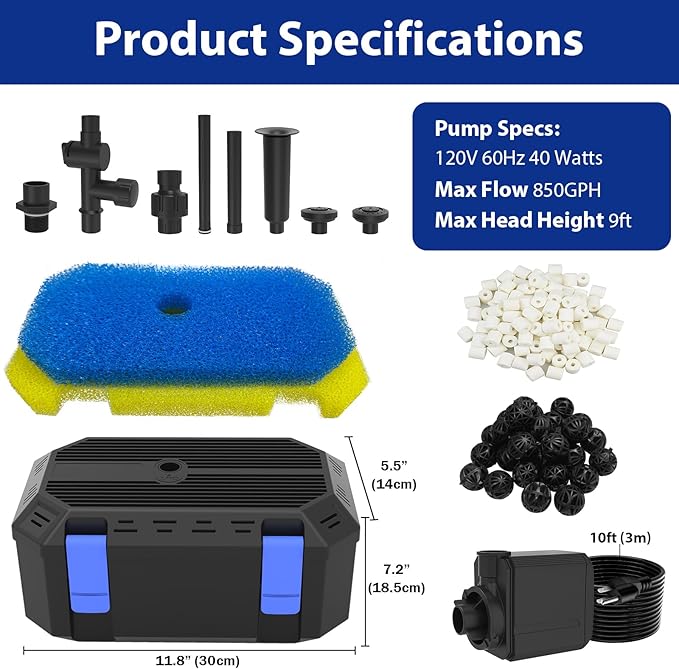 Pond Filter with Pump Fountain Kits | 850GPH Pond Filter with Pond Pump & Fountain Kit | 3 Spray Patterns | Water Feature | Koi Pond Filters for Outdoor Ponds 500-750 Gal