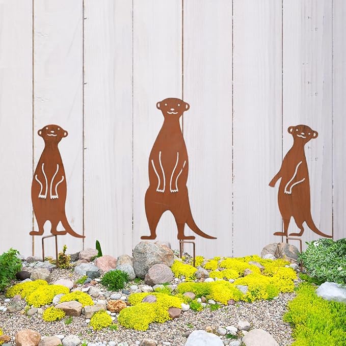 3Pcs Rusty Garden Decorative Stakes Metal Animals Garden Decor Meerkat Statues Outside Yard Art Sculptures Patio Lawn Ornaments