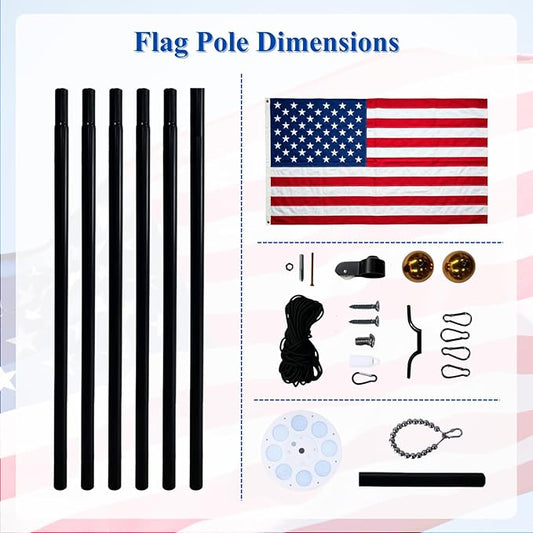 PHITRIC 11 Gauge Heavy Duty Flag Pole Kit with Solar Light, 25FT Extra Thick Aluminum Flagpole for Outside in Ground, Hardware Flagpole Set with 3x5 American Flag, 120 MPH Wind Resistant