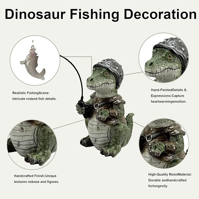 Garden Dinosaur Pond Statues Decoration, Fishing Dinosaur Garden Statue Outdoor Koi Pond or Waterfall Decor, 7.1" Crocodile Fishing Poolside Statue, Animals Patio, Lawn Additional, Gifts for Mom