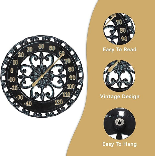 Lily's Home Hanging Verdigris Wall Dial Thermometer, Ideal for Indoor and Outdoor Use, Black (13 Inches)