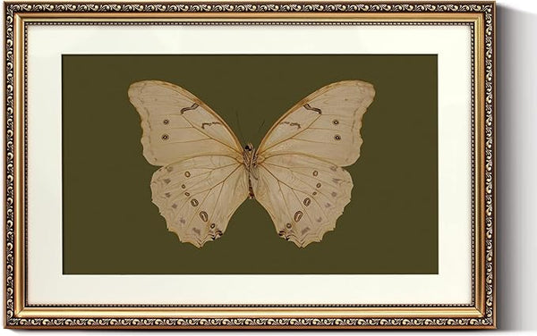 ARPEOTCY Vintage Gold Framed Large Wall Art, Classical White Butterfly Paintings, Dark Moody Green Canvas Prints Artwork with Antique Frame, Victorian Wall Decor for Gallery Living Room 16x24 inch