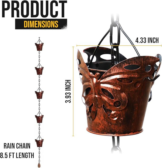 8.5FT Rain Chains for Drain Gutter Through Downspouts and Rain Barrel with Rain Chain Gutter Adapter - Outdoor Rust-Resistant Plated Iron and Thick Chain Garden Décor (Bronze-Butterfly)
