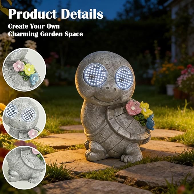 Outdoor Solar Garden Statue, Dynamic LED Light with Flower Sculpture, Art Decor for Patio Porch Lawn Backyard, Housewarming Gifts for Women (Stone Turtle)