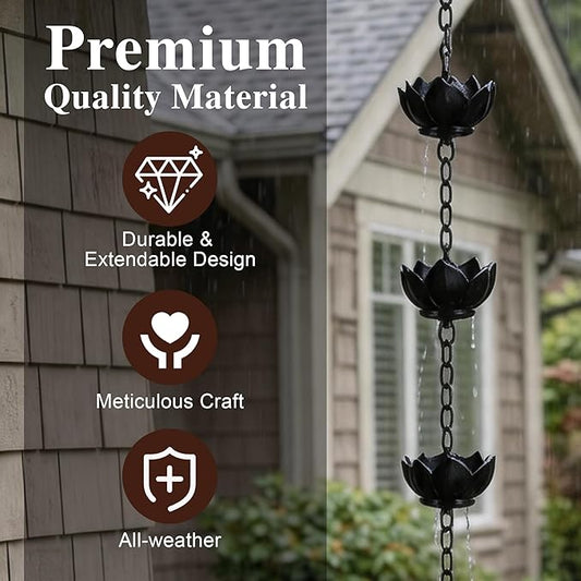 Topadorn Lotus Rain Chain for Gutters, Functional and Decorative Replacement for Gutter Downspouts, Adjustable Rain Catcher Chain with 8 Cup for Eaves Drainage, Black