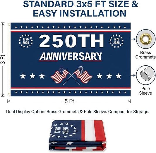 250th Anniversary Flag 3x5 Ft Anniversary Flag, 1776-2026, 250 Years Birthday flags for Patriotic Yard, House Banner, Room, Porch, Wall, Fence, Outdoor Decorations(Style 2)