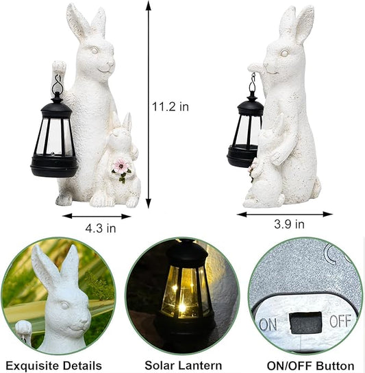 Solar Outdoor Statues Bunny Decor, Garden Sculptures with LED Lights Rabbit Figurines Decorations for Patio Yard Lawn Ornaments Balcony Gifts for Mother's Day Easter