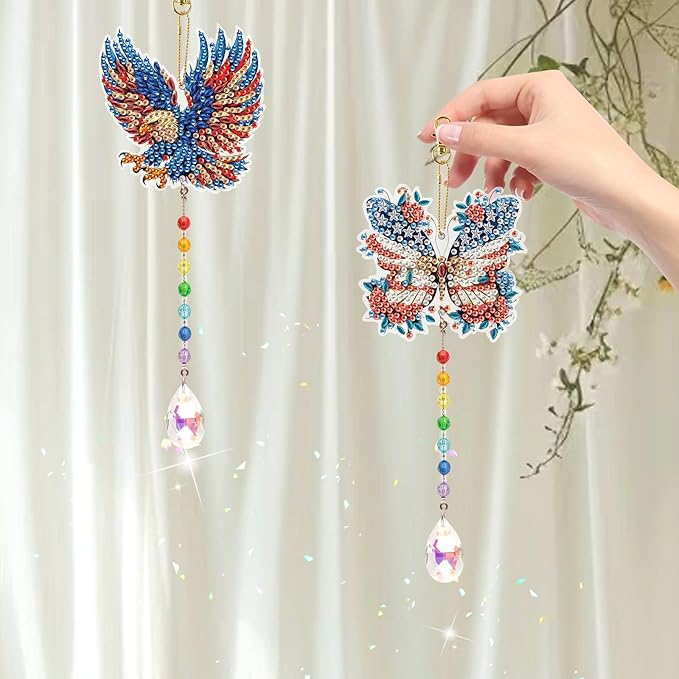 2pcs Diamond Art Painting Wind chime with Crystal pendant, DIY Eagle and Butterfly Double-sided design Special Shape Acrylic Crystal Diamond Art Ornament, Home Window Garden Hanging Pendant Decoration