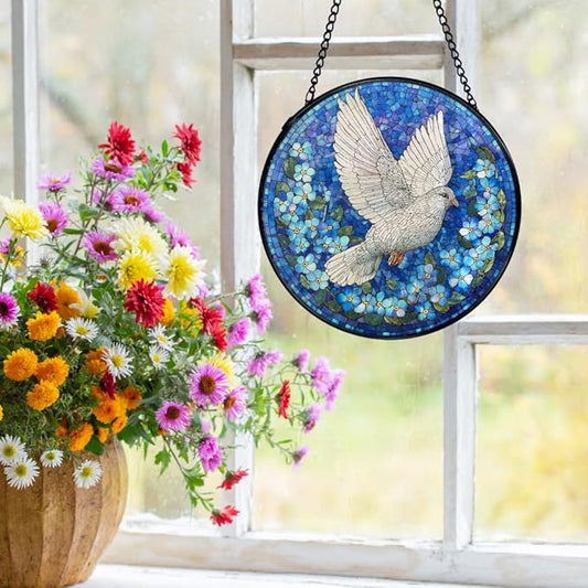White Dove Bird Suncatchers Stained Glass Window Hanging, Forget Me Not Flower Pigeon Sun Catchers Indoor Window Glass Round Wall Decor, Bird Floral Wall Hanging Decorations, 7.9x7.9in