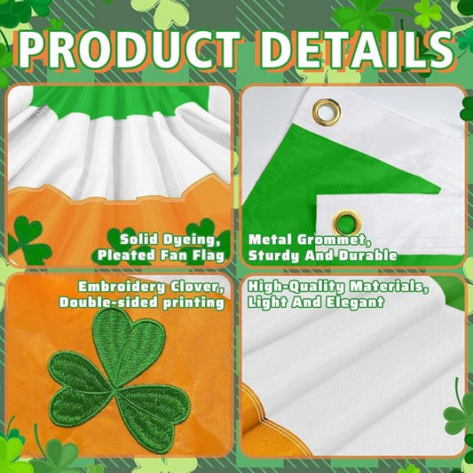4Pack St Patrick's Day Bunting Flags 2x4 Ft Irish Pleated Half Fan Bunting with Embroidered Shamrock Ireland Patriotic Décor Banner Flag with Grommet for OutsideGarden Decor