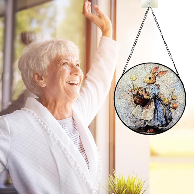 7.88'' Stained Glass Window Hanging, Colorful Egg Rabbit Sun Catchers Glass Panel Bunny Suncatcher Decor with Hook Chain for Mother's Day Birthday for Women, Men, Wife, Aunt, and Mom