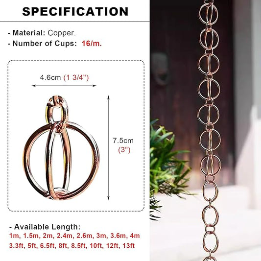 Copper Ring Rain Chain Extension, Outside Decoration Rain Catcher System for Garden, Roof Rainwater Diverter for Downspout, Rain Guide Chains (150cm (5ft))