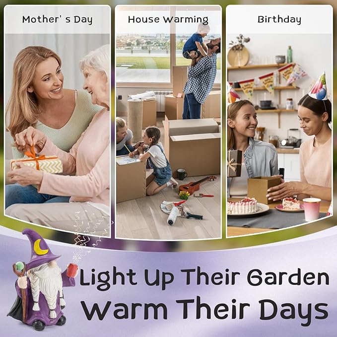 HUYIENO Gnome Solar Garden Statue 9.7" Outdoor Decor with LED Firefly String Lights, Waterproof Solar Powered Figurine for Patio, Yard, Lawn, Porch, Housewarming, Mom & Birthday Gift Ghome