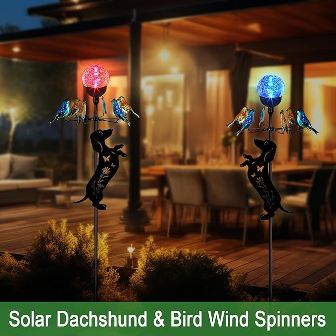 Solar Lights Yard Stakes-Bird Wind Spinners,Dachshund Garden Decor with Color Changing LED for Patio,Pathway,Lawn,Walkway,Outdoor Decorative