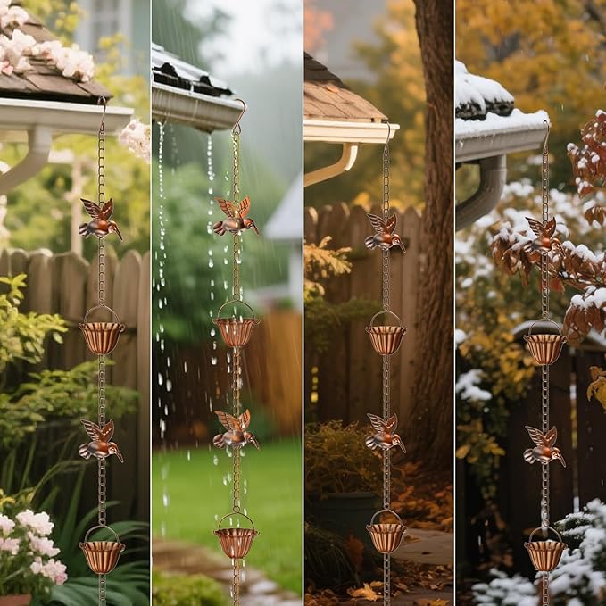 Solid Rain Chain for Gutters – 8.5ft Cast Iron Rain Catcher Chain, Decorative Rain Chimes Outside with 12 Cups & Hummingbird Decor