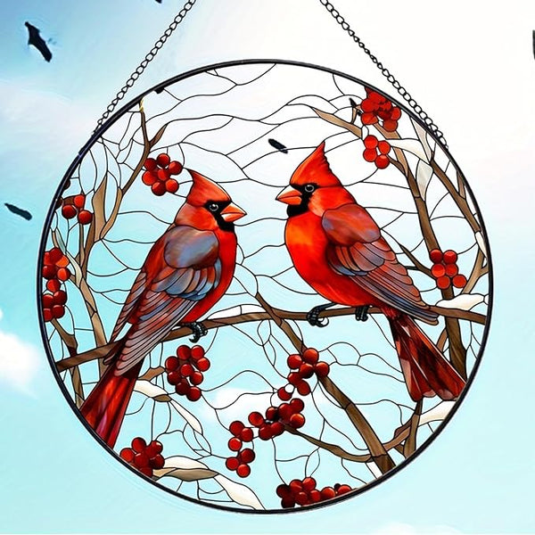 Red Cardinal Stained Glass Suncatcher - Handmade Christmas Window Hanging for Home Garden Deco