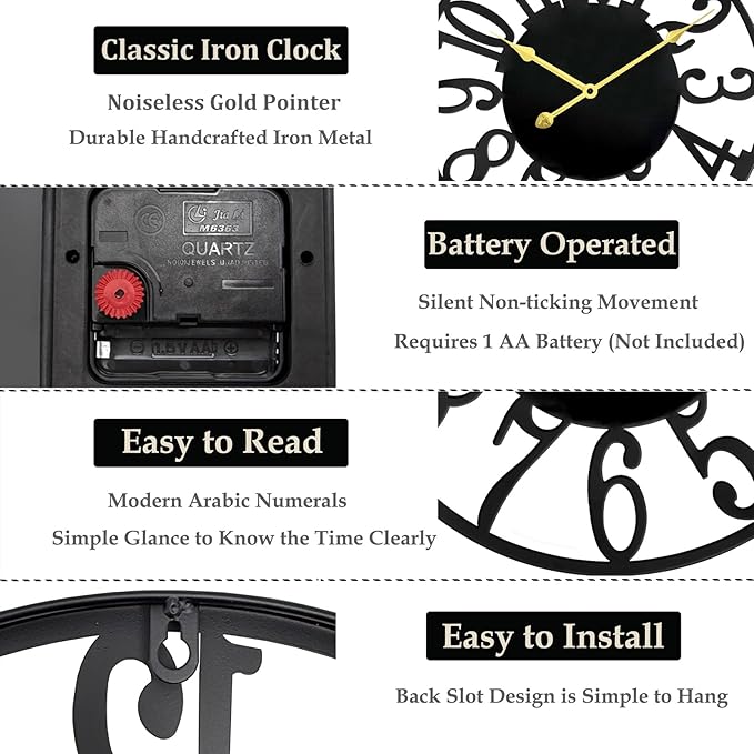 Large Outdoor Clock Silent Battery Operated, 16 Inch Metal Decorative Clock for Patio, Pool Area, Garden, Deck, Modern Black Farmhouse Wall Clock for Kitchen, Living Room, Bathroom