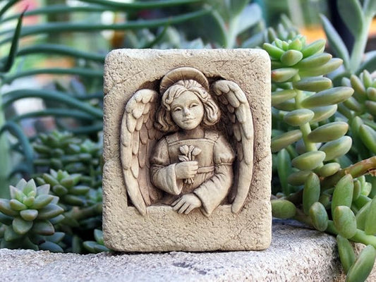 Carruth Studio, Angel Mini Wall Plaque Garden Statue Figurine, Original Sculpture Handcrafted in Stone, Artisan Made