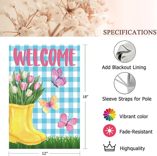 Spring Garden Flag 12"x18" Welcome Yellow Rain Boots with Pink Tulips Butterflies Blue Gingham Background Double Sided Outdoor Yard Porch Decor