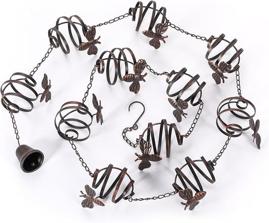 Iron Rain Chains with Bee Spiral, 8-1/2 Feet Length Replacement Downspout for Gutters Outsides, Dark Bronze