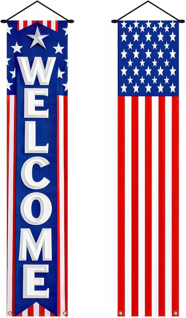 BlissYard 2Pcs Patriotic Decor Welcome Door Banner 4th of July Decorations American Banners Hanging Porch Signs for Independence Memorial Day Veterans Labor Day for Yard Indoor Outdoor Supplies