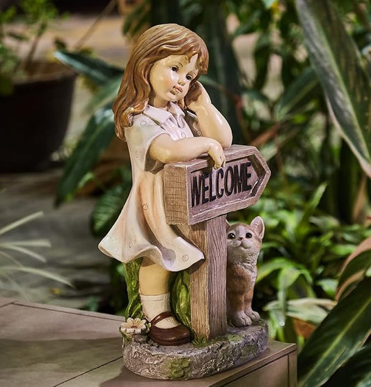 Girl Garden Statue with Solar LED Lights, Solar Girl Welcome Sign with Cat Garden Statue for Outdoor Decor, Porch, Patio, Yard Art Decorations, Polyresin 17.3 inch