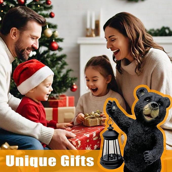Solar Black Bear Garden Statue - 14" Resin Figurine with Solar LED Lantern, Auto On/Off Waterproof Decor, Dual Use Indoor Outdoor Light for Patio Yard Porch