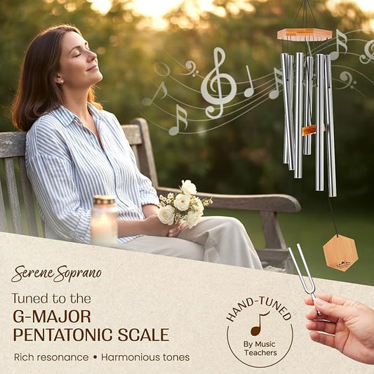 UpBlend Metal Wind Chimes Deep Tone - Outdoor Sympathy & Memorial Gift for The Loss of a Loved One, Memorial Wind Chimes, Thoughtful Sympathy Gift for Bereavement and Remembrance. 29" Silver