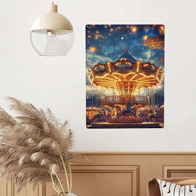 Tin sign Classic Carousel,Metal signs wall decor,Exquisite art plaque poster,for office,studio,living room,kids room,bar,cafe,Garden,Practical decorative Gifts,Easy to hang,12x16 inch