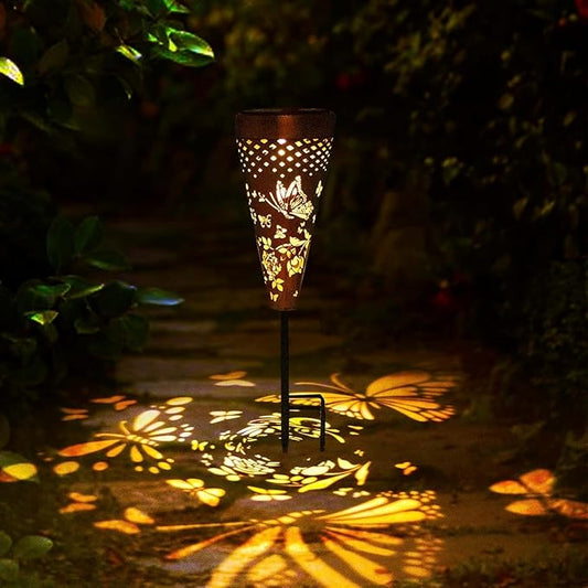 DIBIEECN 4 Pack Butterfly Solar Garden Pathway Lights Outdoor,Metal Garden Decorations Outdoor Lights with Patterns and Warm Light,Waterproof Landscape Lighting for Path Patio Backyard Yard
