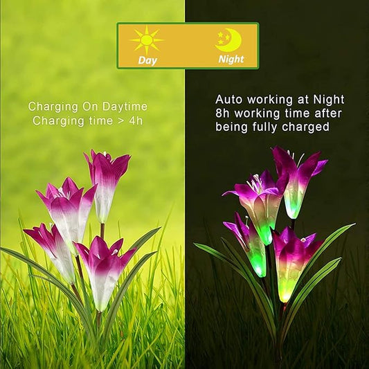 ANGMLN 4 Pack Solar Flower Lights,16 Bigger Head Solar Lily Flowers, 7 Color Changing Pathway Lights for Garden Patio Yard Outdoor Garden Stake Decoration (Purple2&White1&Pink1)