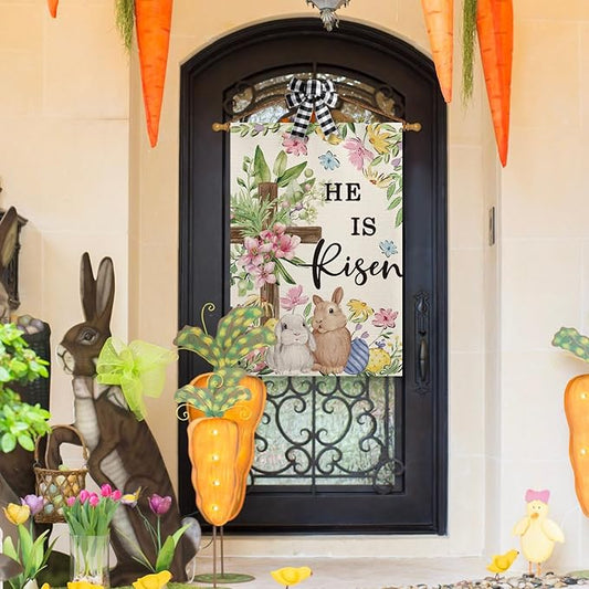 AVOIN colorlife He Is Risen Easter House Flag 28x40 Inch Double Sided Outside, Bunnies Flowers Cross Yard Outdoor Decoration