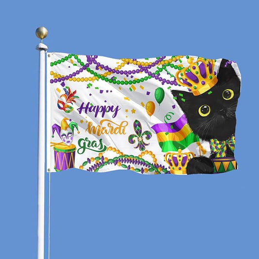 SENSEVEN Black Cat Mardi Gras Flags for Outside 3x5 Ft, Spring New Orleans Carnival Flag, Mask Feather Beads Cat Yard Flag Kitten Holiday Outdoor Banner for Farmhouse Decor, Mardi Gras Party Supplies