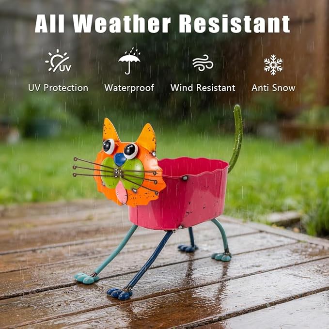 Oak & Lore Whimsical Metal Cat Garden Statues, Colorful Cartoon Cat Garden Sculptures & Statues with Planters for Patio Lawn & Yard Art Decor