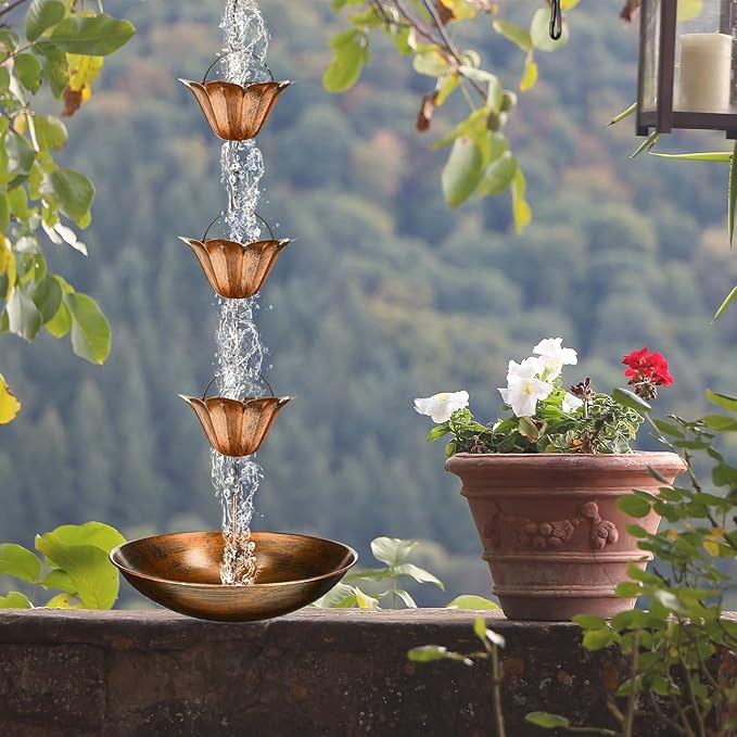 MorningRo Brass 8.5ft Rain Chains for Gutters Outside with Anchor Basin 12 Cups Rain Chain Catcher Downspout Replacement Adjustable Metal Garden Rainwater Divert for Eaves Drainage (Bird)