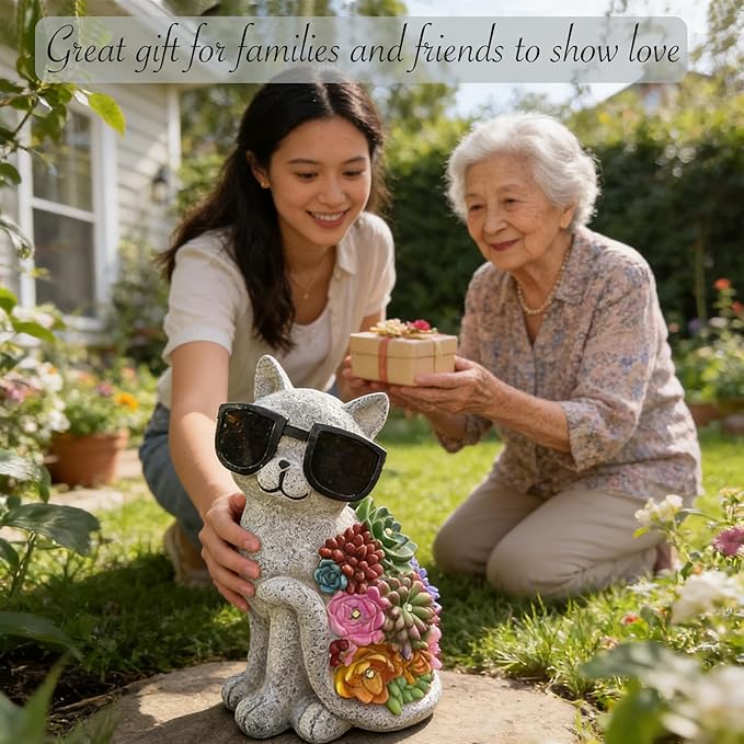 Sharita Solar Cat Garden Decor Statues - with Succulent LED Lights Cat Figurines Gifts for Women Mom Grandma Outdoor Decoration for Patio Yard Lawn