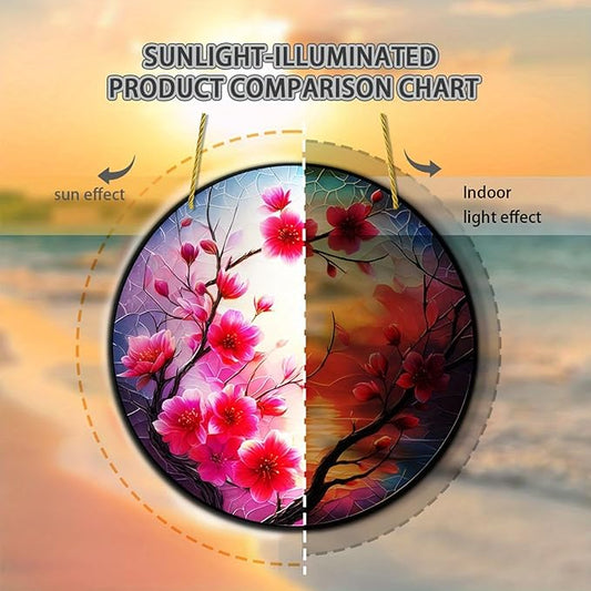 Banax Stained Glass Window Hanging Sunrise Suncatcher, 8 Inch Round Plum Blossom Glass Sun Catcher for Window Wall Art for Home, Patio, Porch, Outdoor Garden Décor Gift