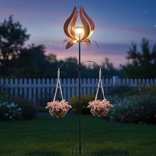Multi-Functional Yard Wind Spinners with Solar Lights Outdoor Garden,YNGFIL Large Ornaments Outdoor with Double Shepherds Hooks and Coconut Fiber Liner Hanging Planters (83 in)