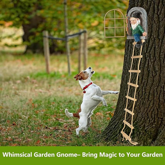 Garden Gnomes Decoration Outdoor Tree Faces Decor with Hanging Ladder for Yard, Elf Out The Door Tree Hugger Figurine Resin Garden Sculpture Ornament Whimsical Gnome Decor for Patio Yard Lawn