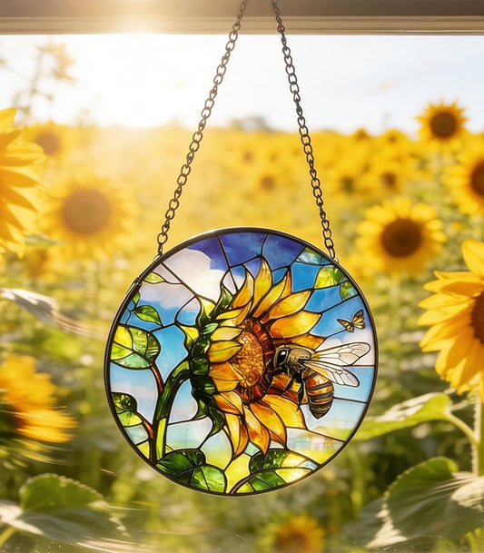 Stained Glass Window Hanging - Sunflower Flower and Bees on a Branch Suncatcher for Window Doors Home Decoration and Christmas, 9.8 * 9.8 inch