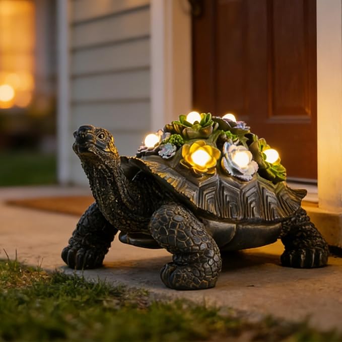 Solar Powered Succulent Turtle Statue, Resin Garden Decor with LED Lights, Waterproof Outdoor Ornament for Patio, Yard, Lawn, Porch, Unique Housewarming Gifts