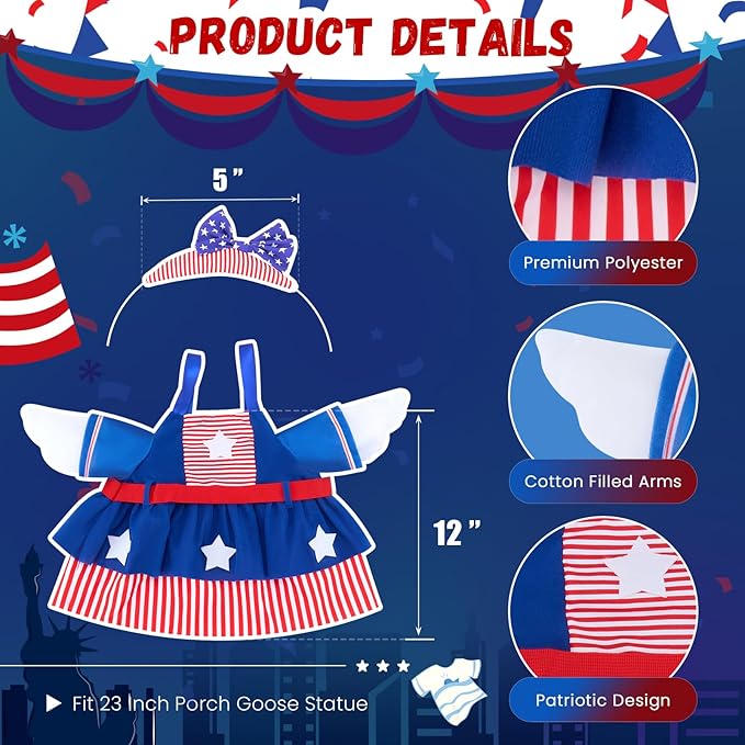Patriotic Porch Goose Outfits for 23 Inch Lawn Statue, 4th of July Costume for Plastic/Cement Statue, Summer Sculpture Clothes for Garden Patio USA 250th Anniversary Decoration