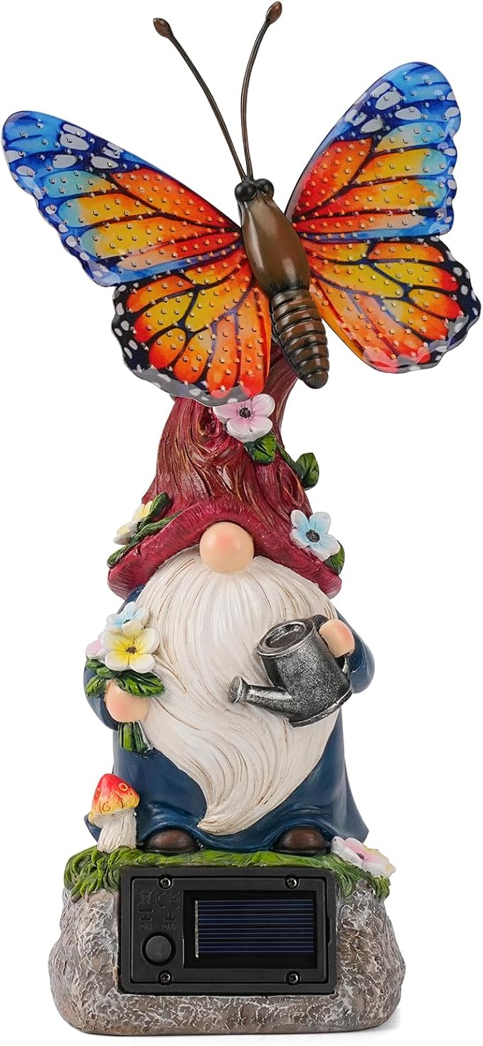 WSgift Garden Gnome Statues Solar-Powered Butterfly Resin Figurine Waterproof Outdoor Decor Mother's Day Orange