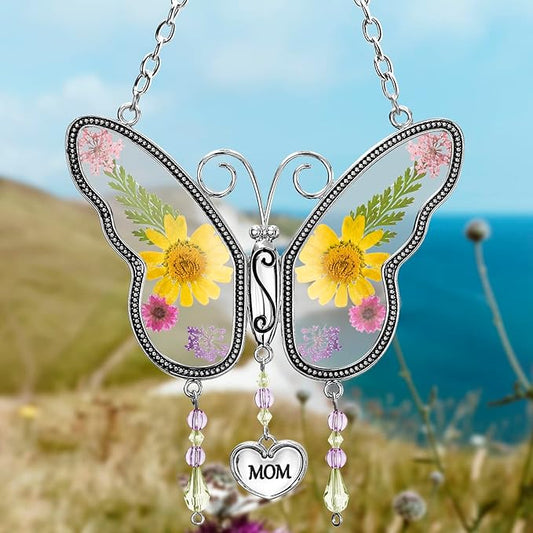 Butterfly Suncatcher Wind Chime with Embossed Colorful Flower Wings, for Mom Butterfly Glass Wind Chime with Hook and Metal Heart Hang Tag, Birthday Gift for Mom's Grandmother (Yellow Mom)